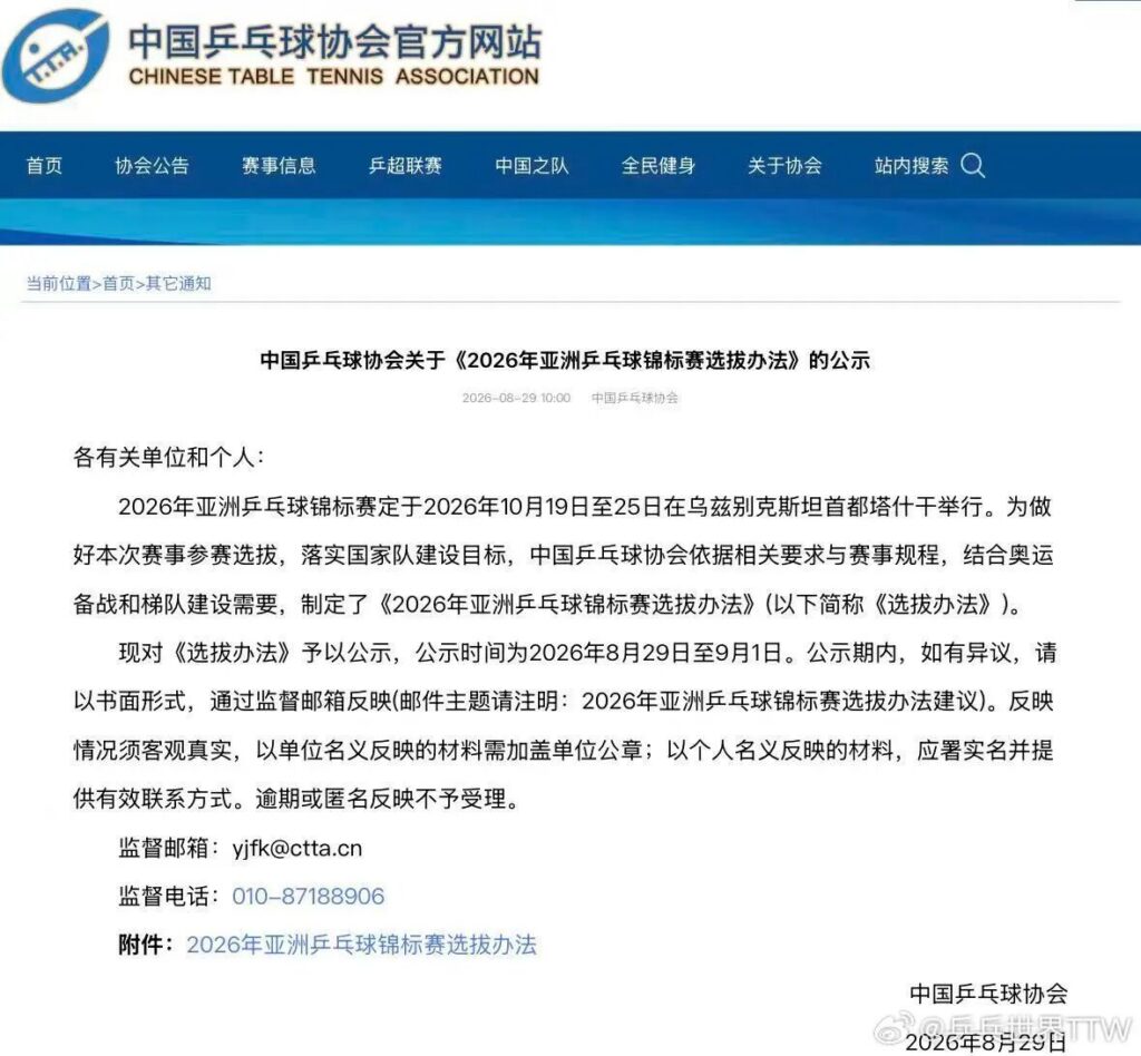 王楚钦、孙颖莎等5人放弃亚锦赛选拔资格！国乒公布最新选拔办法